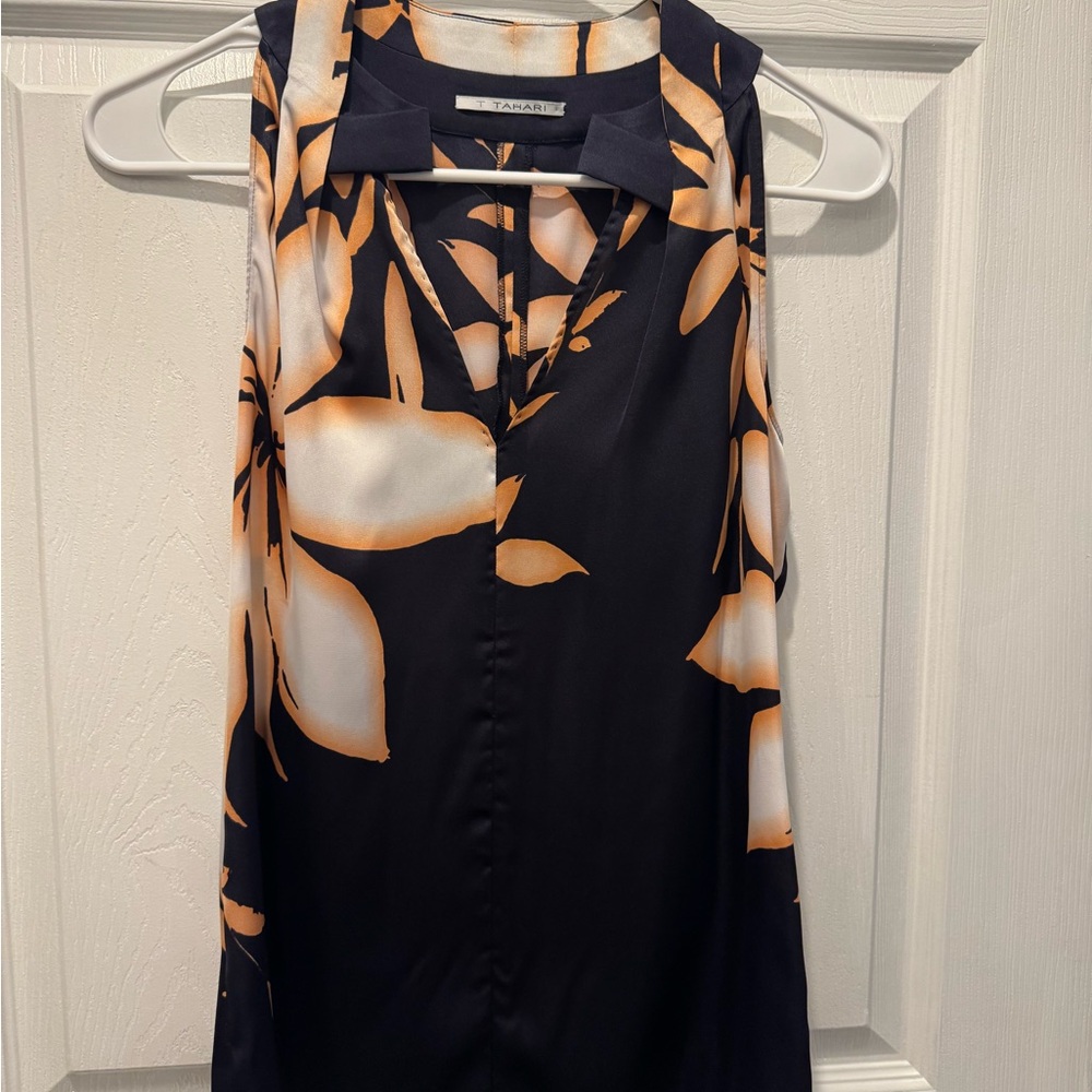 T Tahari Navy and Orange Floral Blouse